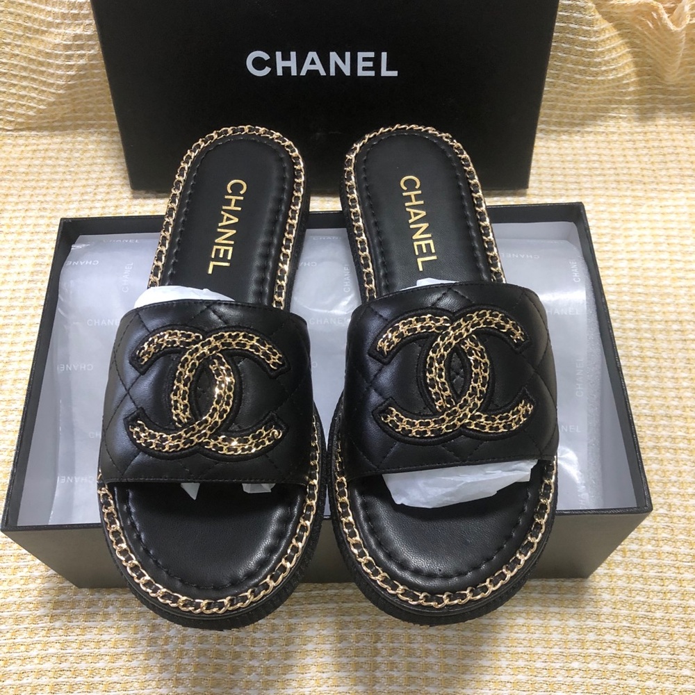 Chanel Quilted CC Chain-trim Slippers